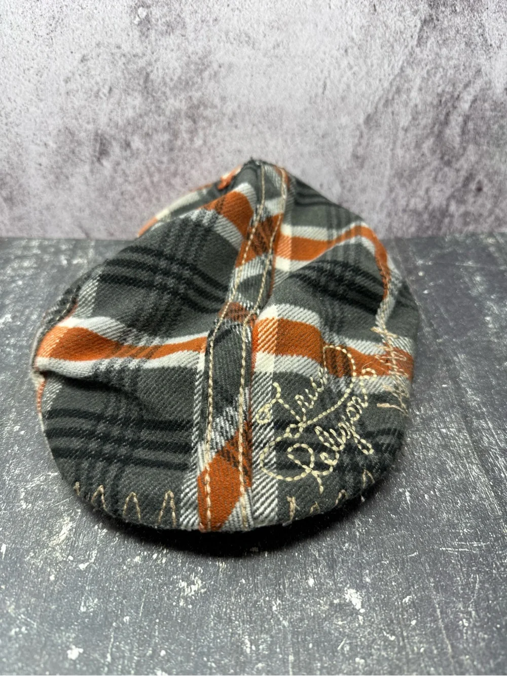 True Religion Brand Jeans Plaid Newsboy Ivy Flat Cap Hat Gray Orange Vintage